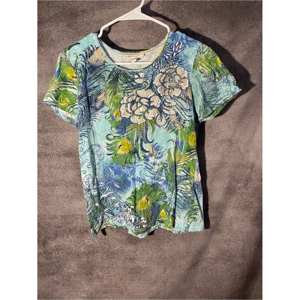 JM Collection Shirt Womens Small S Blue Green Peacock Feather Floral Rhinestone